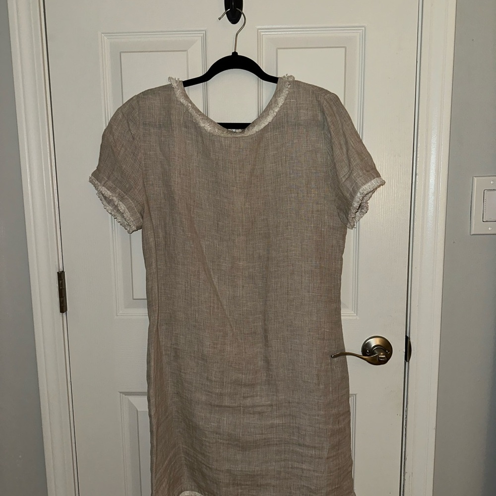 French Curve Linen Tan Short Sleeve Dress